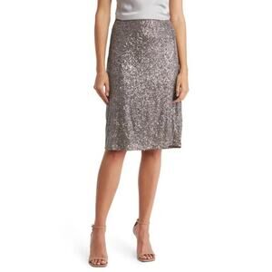 Adrianna Papell Skirt Sequin Embellished A-Line Knee Length Lead Silver Medium